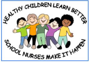 healthy children learn better, school nurses make it happen. colorful cartoon children hugging in a line